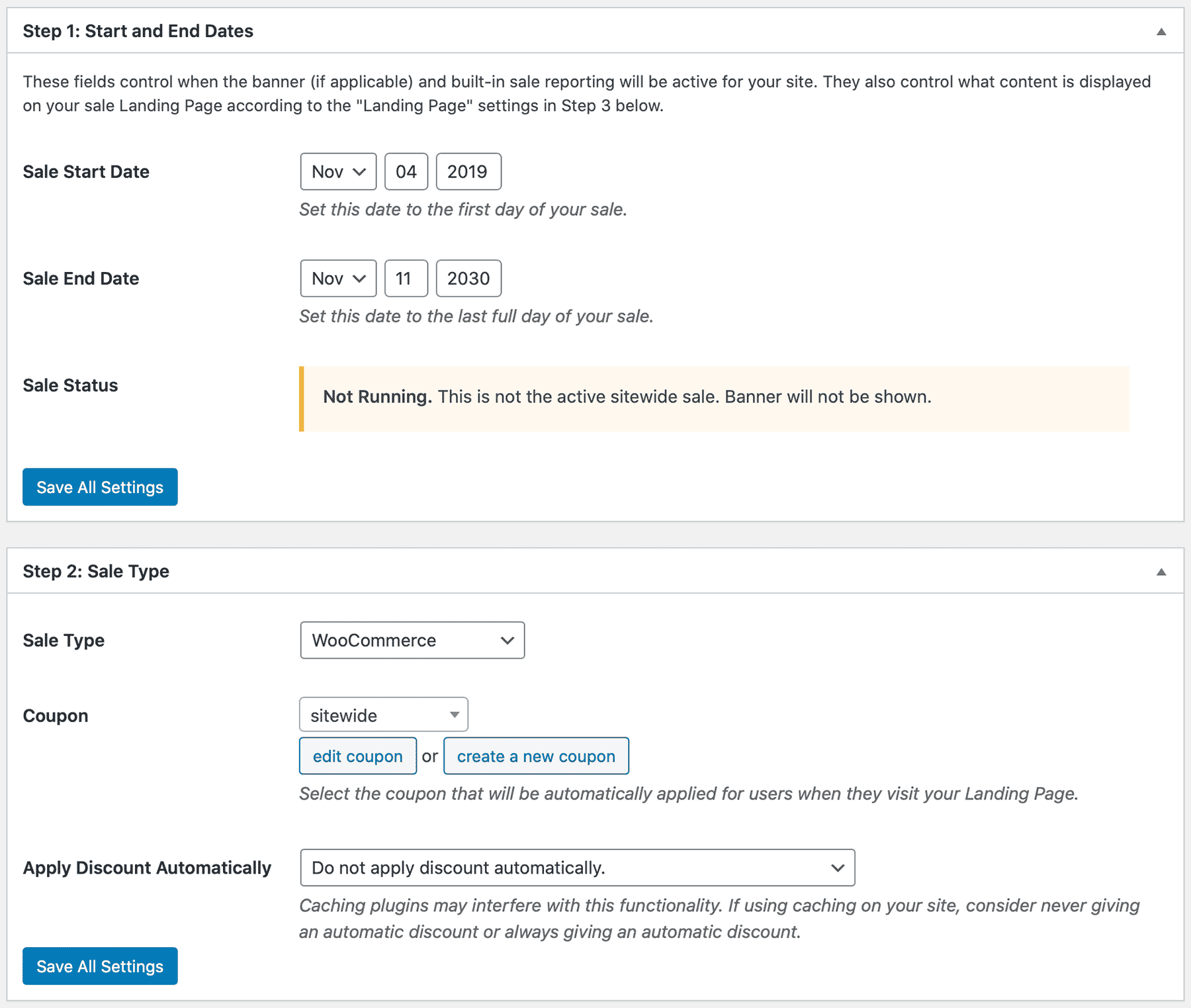 Screenshot of the Sitewide Sales Sale Settings and Discount Behavior admin page.