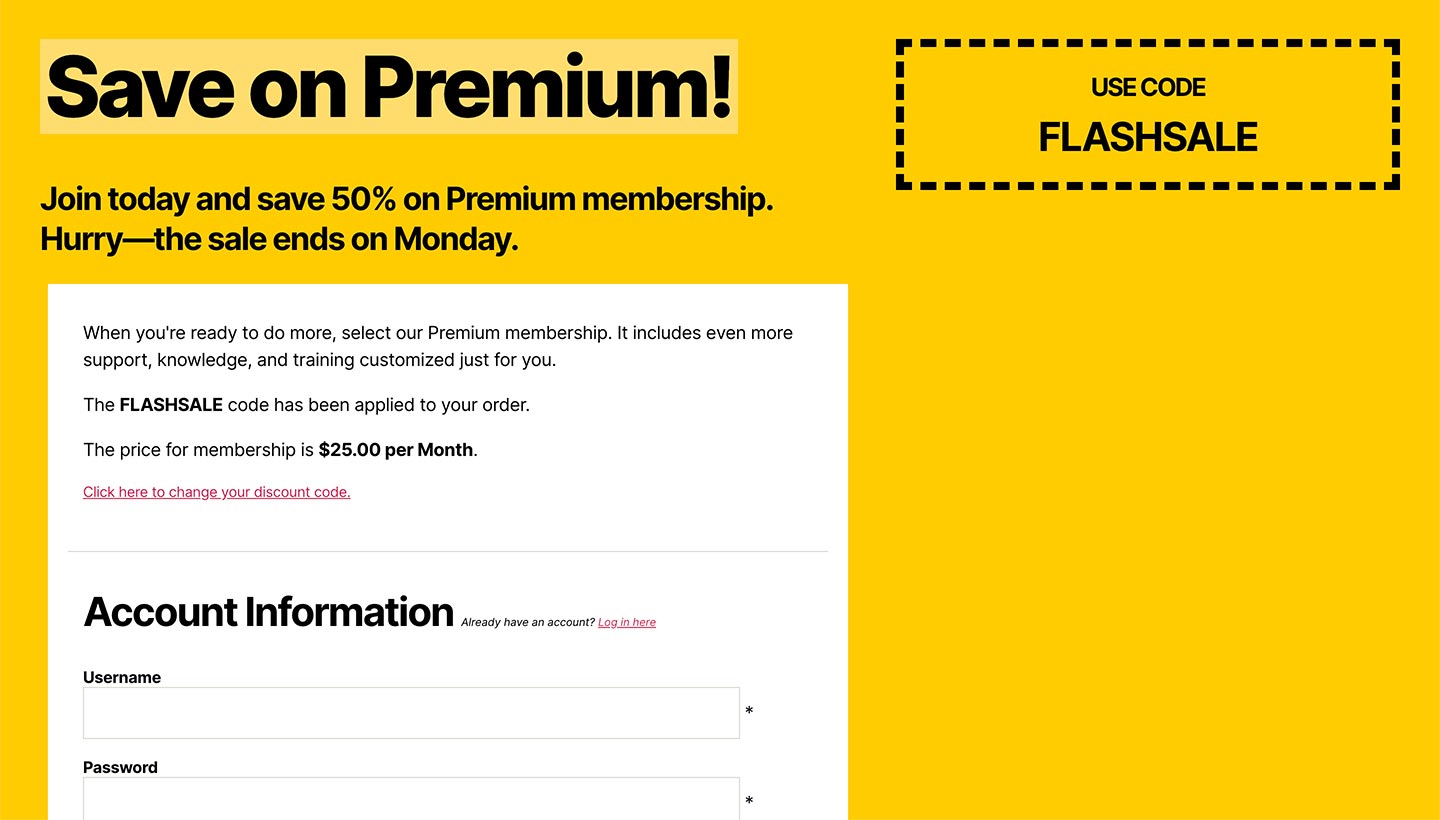 Screenshot of the Sitewide Sales Fancy Coupon Landing Page for Paid Memberships Pro