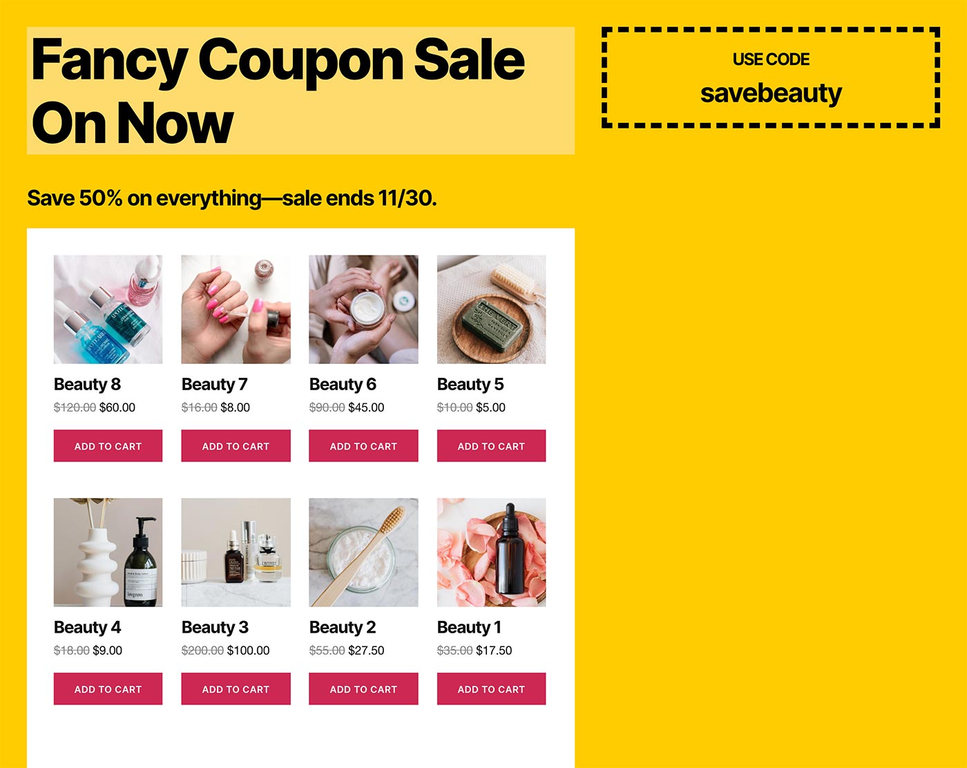 Screenshot of the Sitewide Sales Landing Page Fancy Coupon Template for WooCommerce