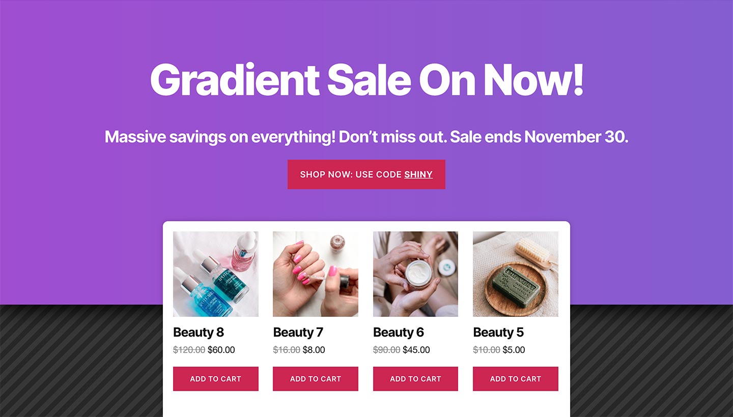 Screenshot of the Sitewide Sales Gradient Landing Page for WooCommerce