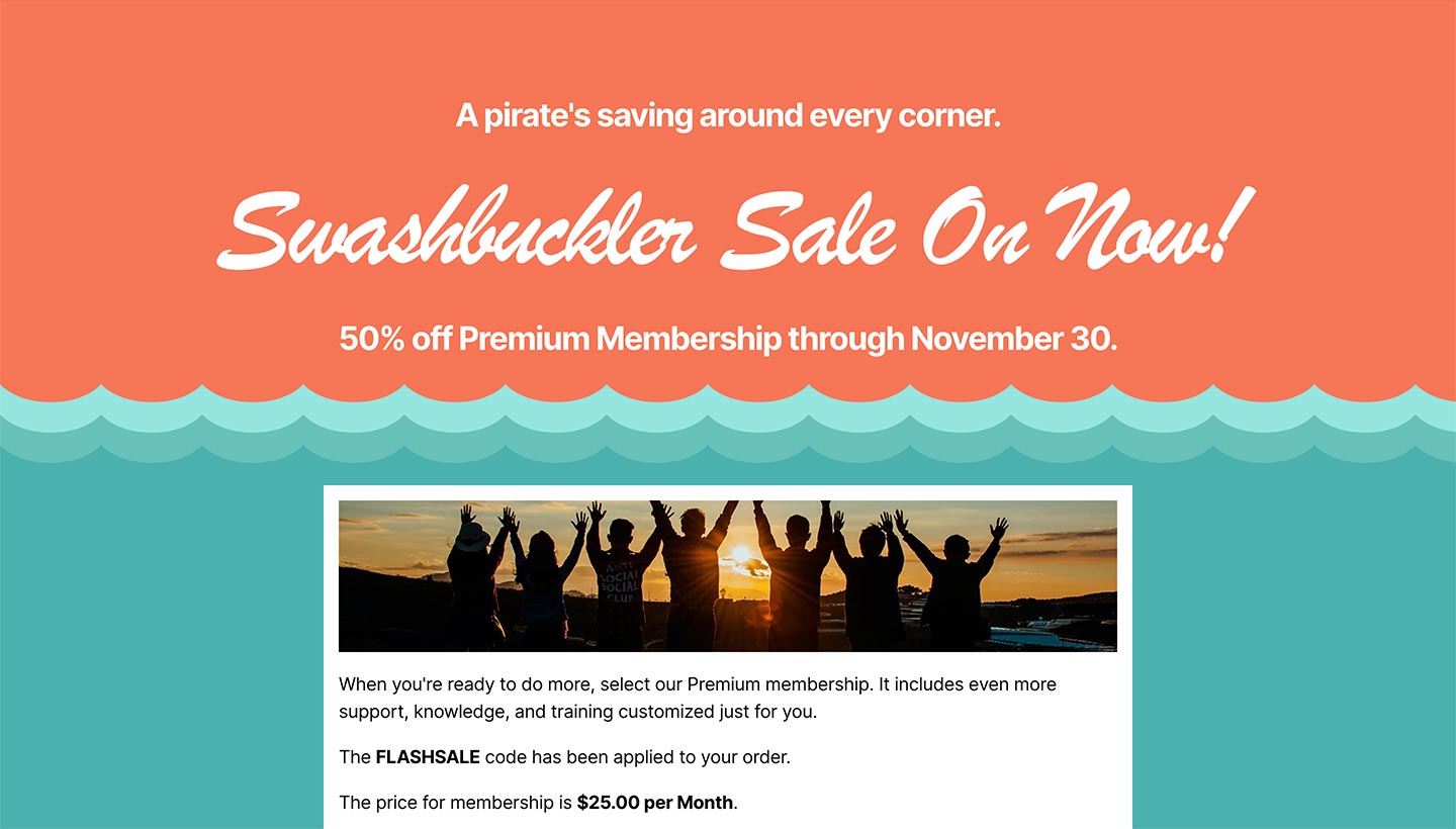 Screenshot of the Sitewide Sales Ocean Landing Page for Paid Memberships Pro