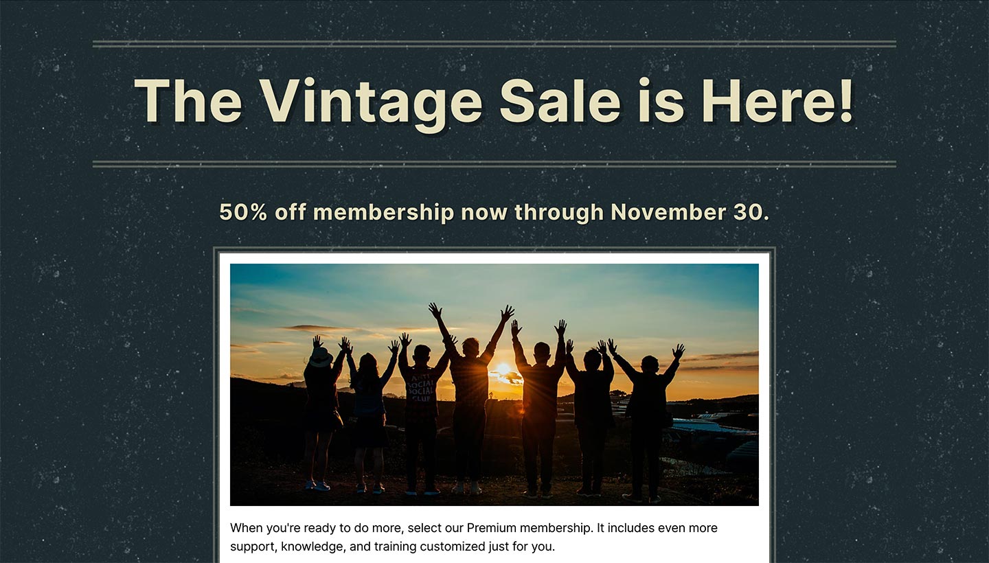 Screenshot of the Sitewide Sales Vintage Landing Page for Paid Memberships Pro