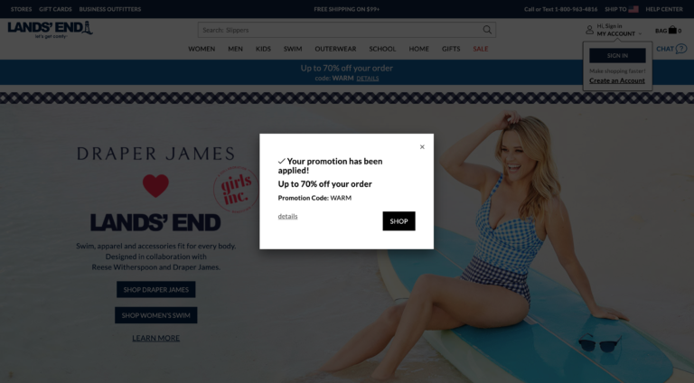 Lands End Homepage With Popup