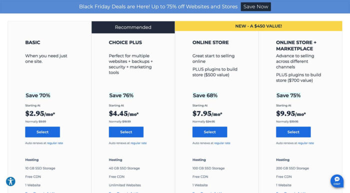 Pricing page from Bluehost with slashed out normal pricing to promote sale price for Black Friday