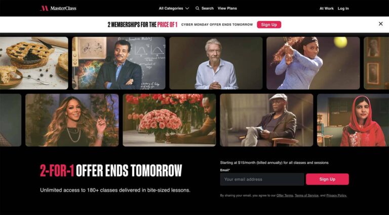 Homepage on the MasterClass website