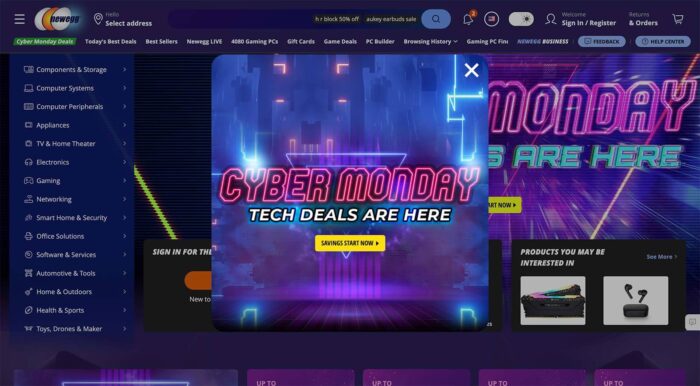 Cyber Monday Sale pop-up window on Newegg's website
