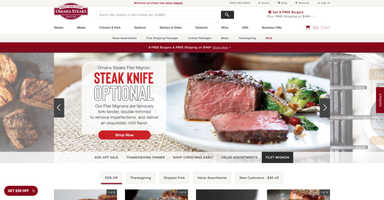 Omaha Steaks Homepage with sale banner