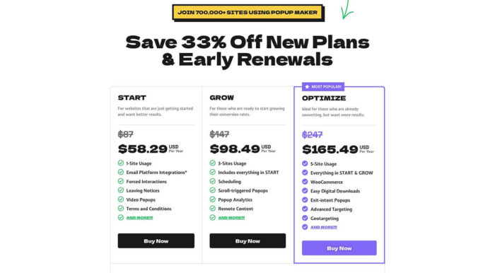 Popup Maker pricing page with slash through original pricing