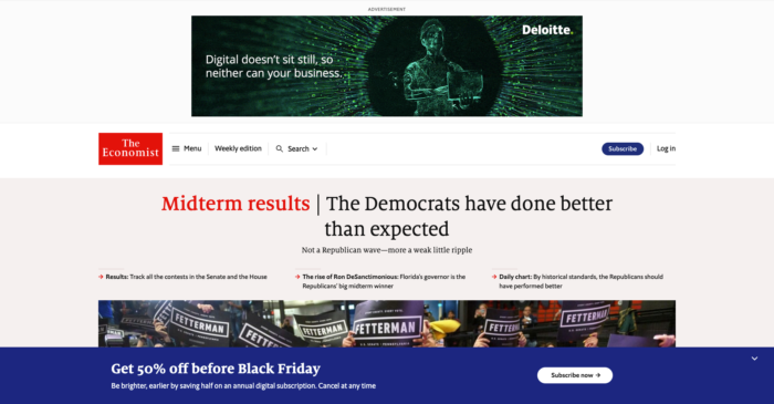 Homepage of The Economist with Sale Banner across the bottom of page