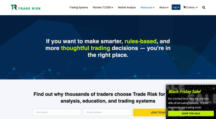Homepage for The Trade Risk with Black Friday Sale banner in lower right-hand corner