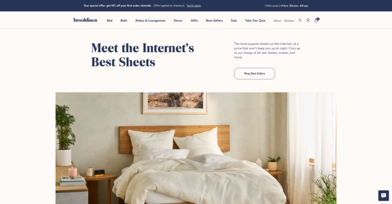 Brooklinen Homepage with Sale Banner across the Top of Site