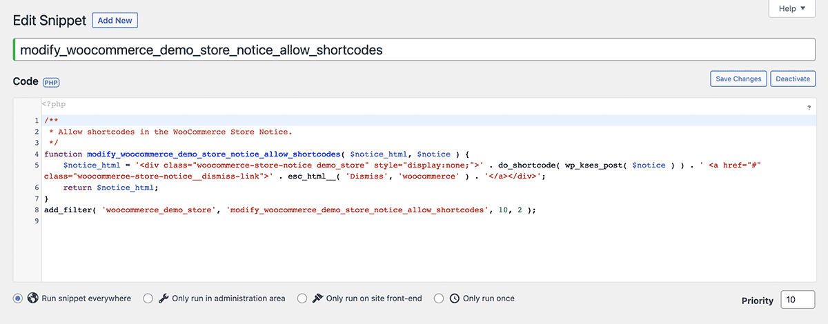 Code Snippet Screenshot to Allow Shortcode in WooCommerce Store Notice