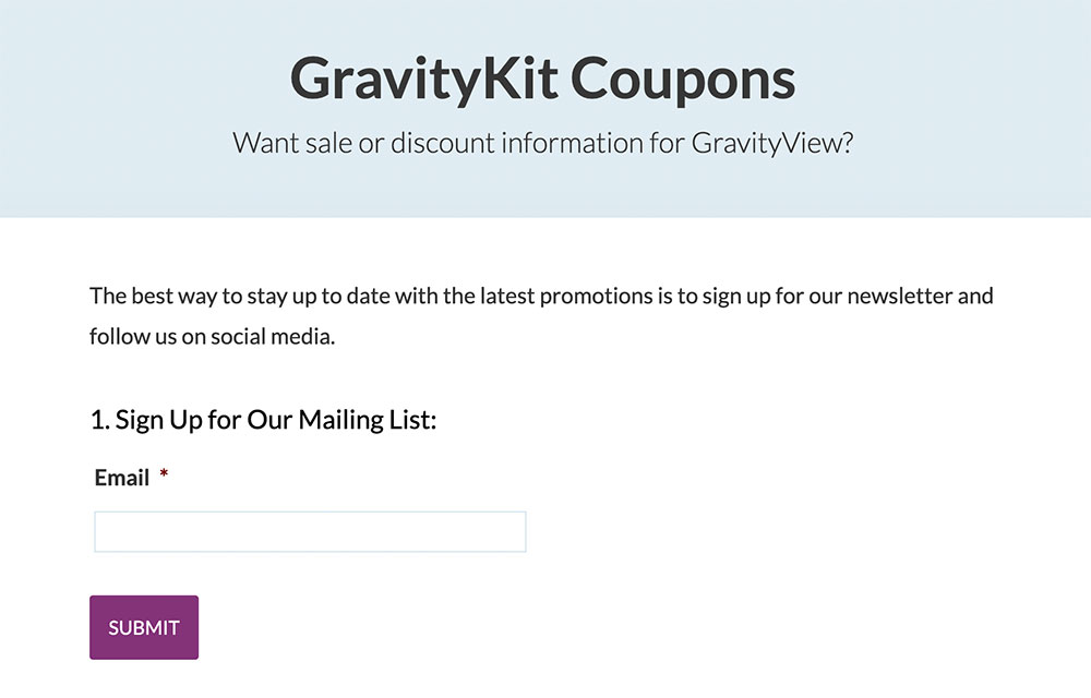 GravityKit's discounts and coupons landing page with a quick field to join the mailing list
