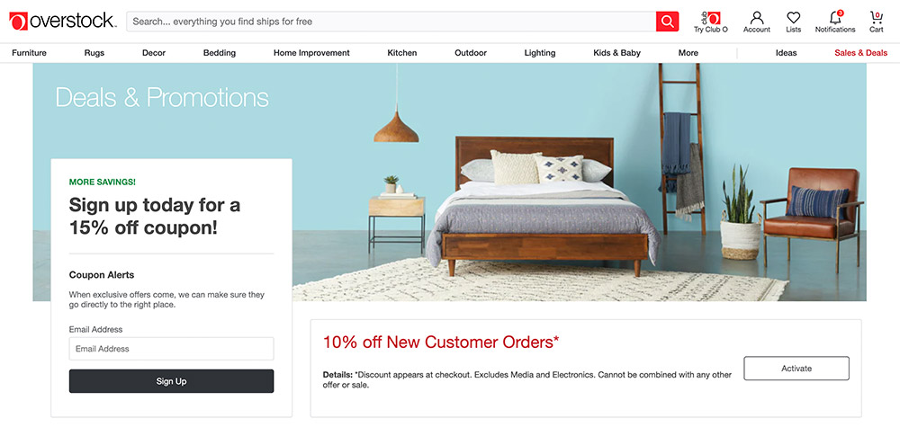 Screenshot of the Overstock coupons page with mailing list signup and their top active deal highlighted