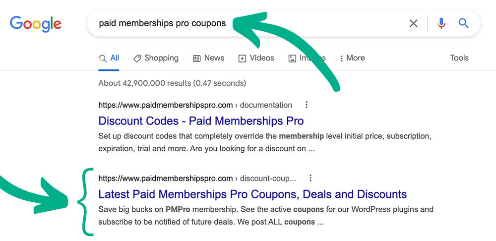 PMPro's own coupons and discounts page is the second result, after our documentation page for Discount Code settings