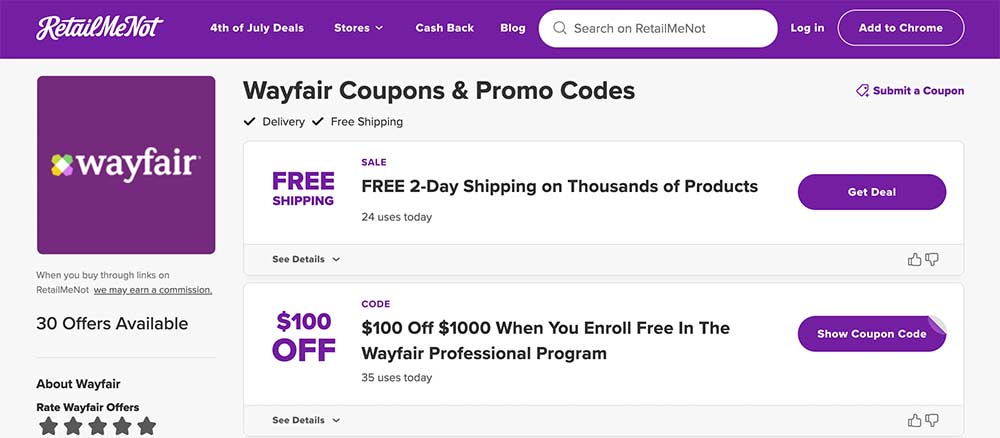 RetailMeNot discounts and coupons listing site with bad results and a referral link