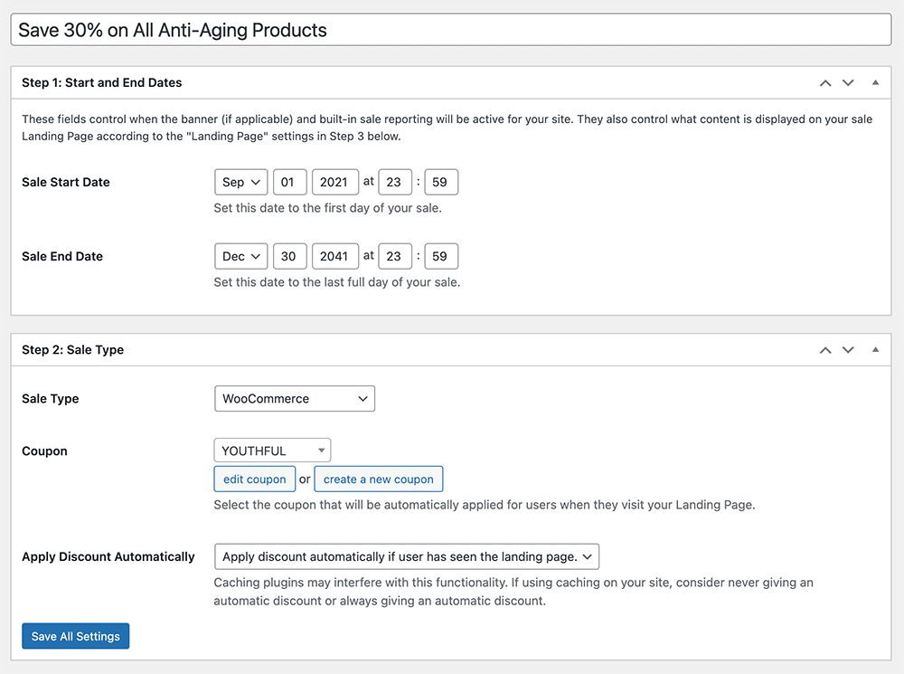 Screenshot of Sitewide Sales basic sale settings and module settings