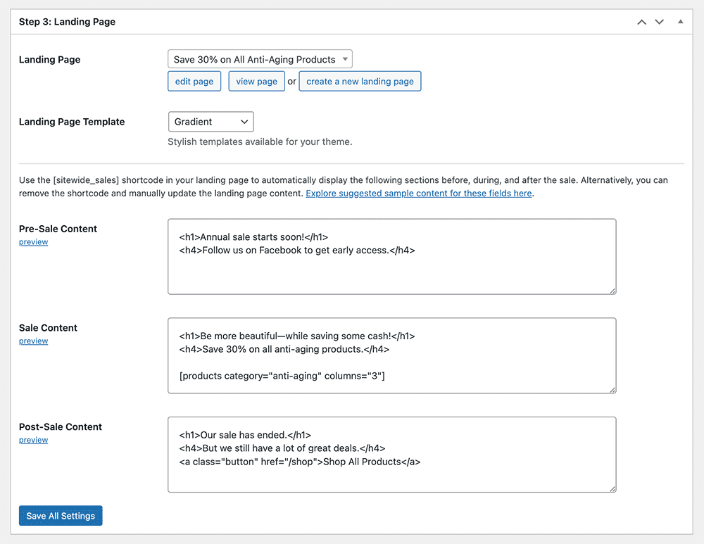 Screenshot of Sitewide Sales landing page settings