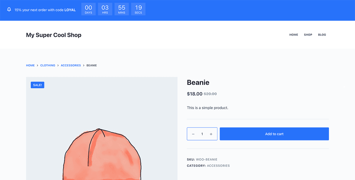 Screenshot of the site with WooCommerce Store Notice and Countdown Timer