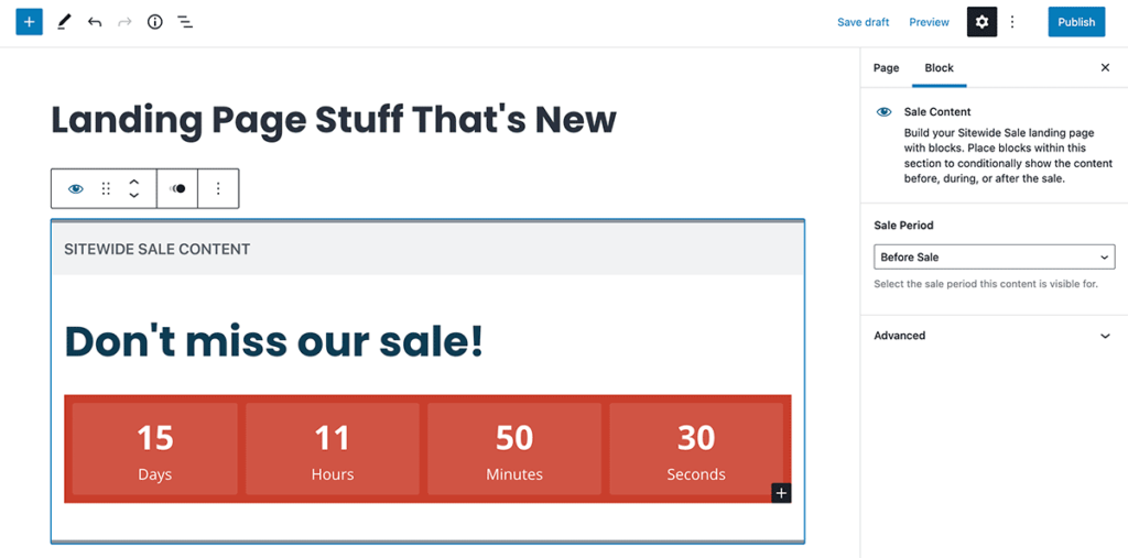 Screenshot of the Sale Content block and Countdown Timer block demo on edit page in WordPress with Sitewide Sales