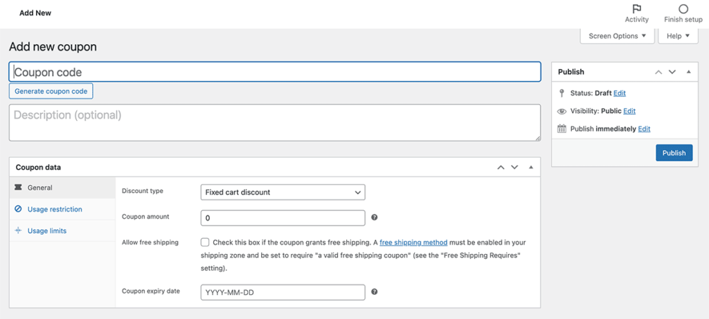 Screenshot of the WooCommerce Marketing > Coupons > Add New screen in the WordPress admin