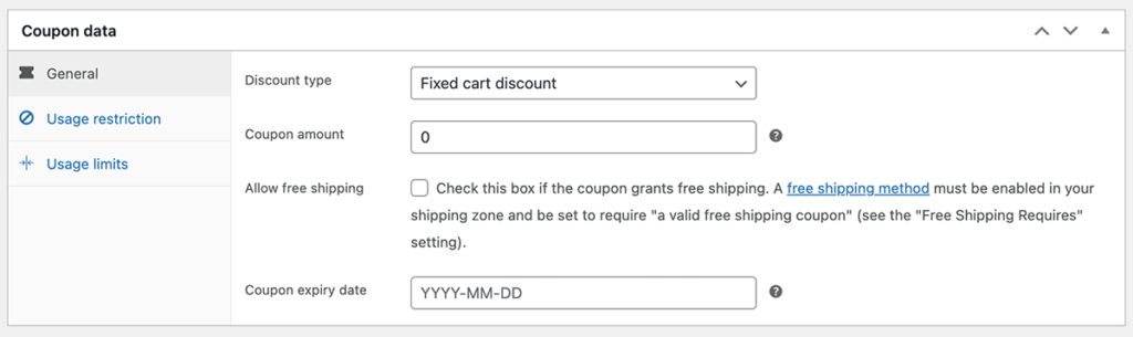 Screenshot of the WooCommerce Coupon General Settings