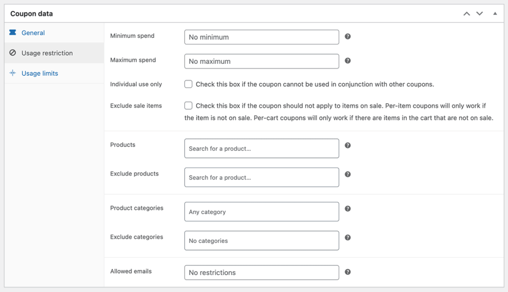 Screenshot of the WooCommerce Coupon Settings for Usage Restrictions