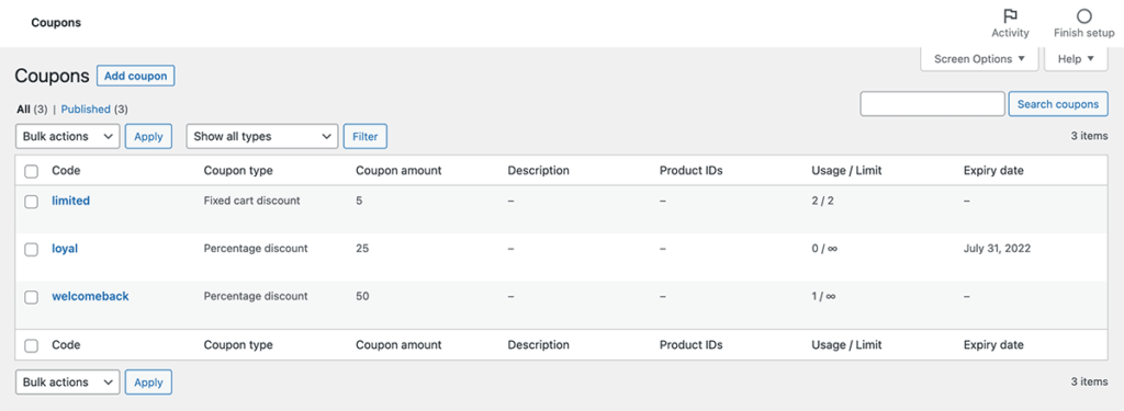 Screenshot of the WooCommerce Marketing > Coupons > All Coupons screen in the WordPress admin