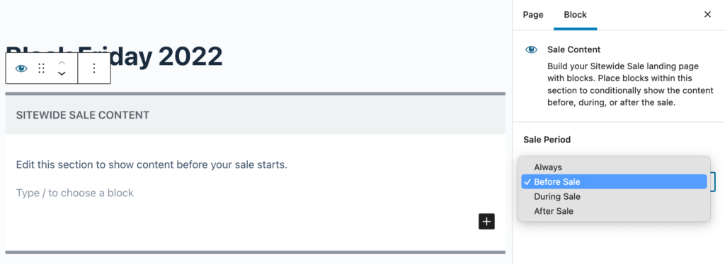 Use the Sale Content block to add content that only shows before, during, or after the sale