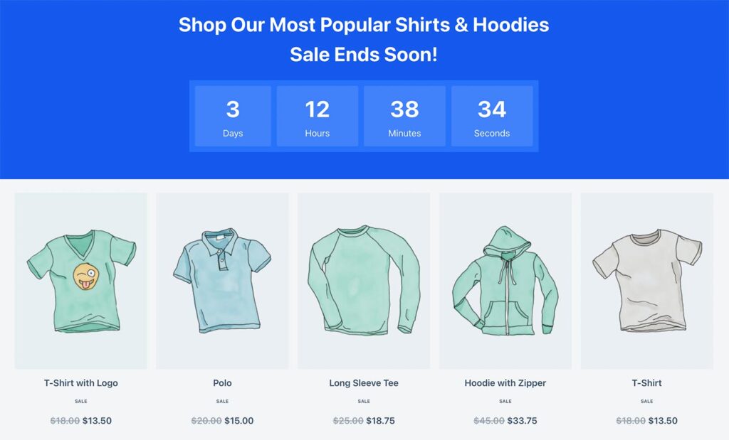 Landing page example with the Countdown Timer block and automatic discount on products in WooCommerce with strikethrough pricing and "on sale" tag.