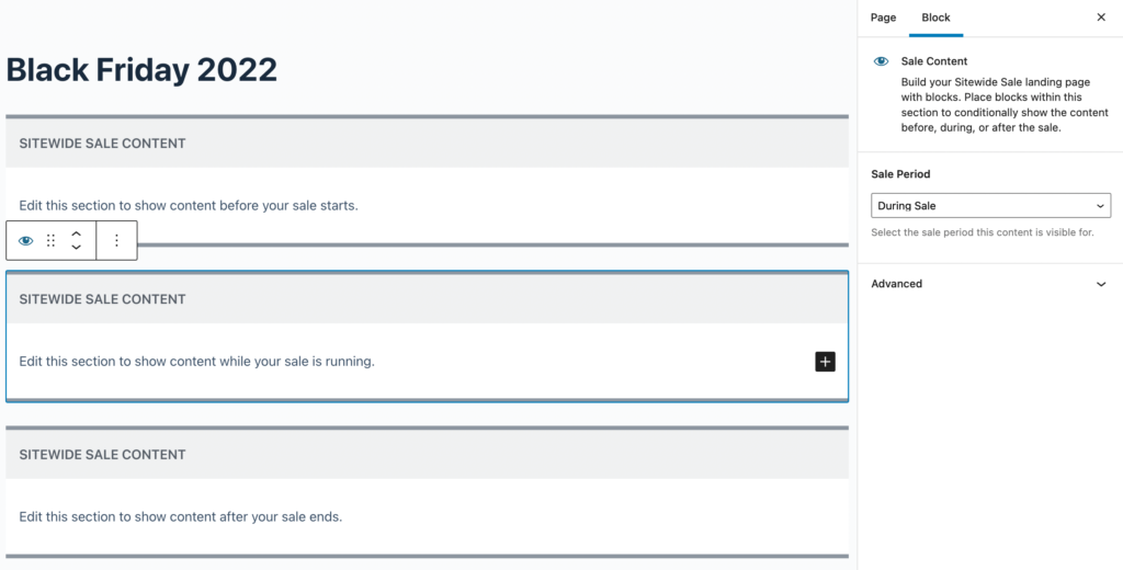 Edit Page in the WordPress admin showing the Sitewide Sales before, during, and after sale default blocks