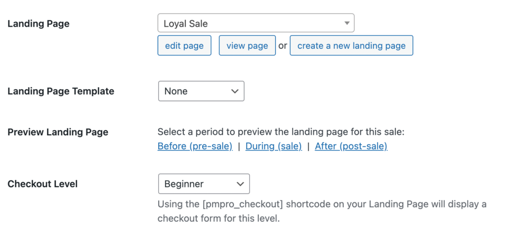 Landing page settings section with "Preview Landing Page" links for pre-sale, sale, and post-sale periods.