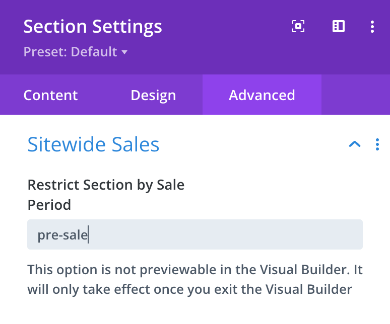 Divi Advanced Panel with Sale Period setting in Sitewide Sales