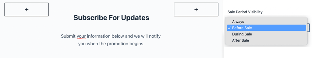 Setting the Sale Period Visibility on a columns block type in the WordPress editor