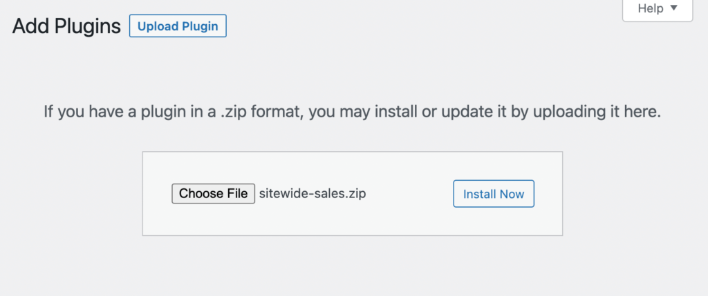 Upload the Sitewide Sales plugin (zip) from the Plugins > Add New > Upload Plugin screen in the WordPress admin