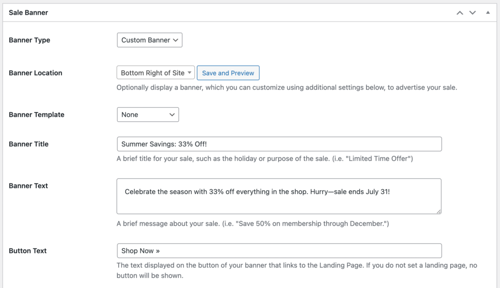 Sitewide Sales Custom Banner Settings in the WordPress admin