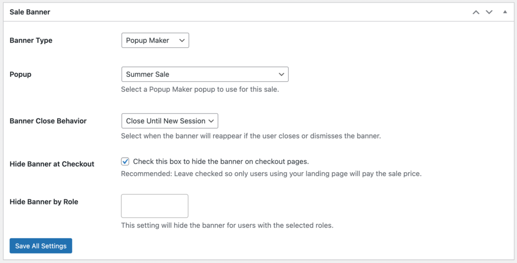 Sitewide Sales Popup Maker Popup Settings in the WordPress admin