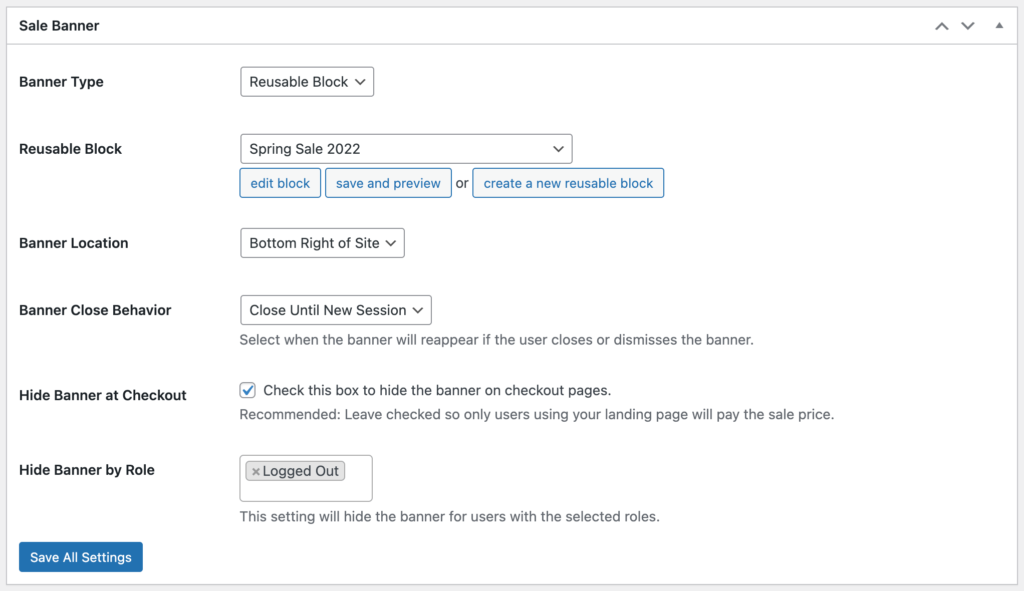 Sitewide Sales Reusable Block Banner Settings in the WordPress admin