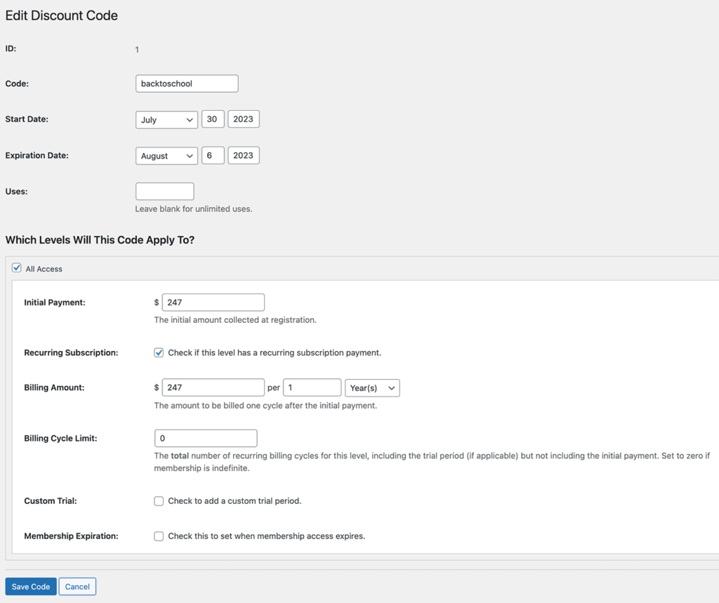 Screenshot of setting up a Paid Memberships Pro discount code