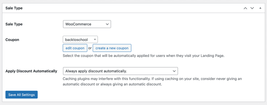 Setting the Sitewide Sale to WooCommerce sale type and assigning the coupon code