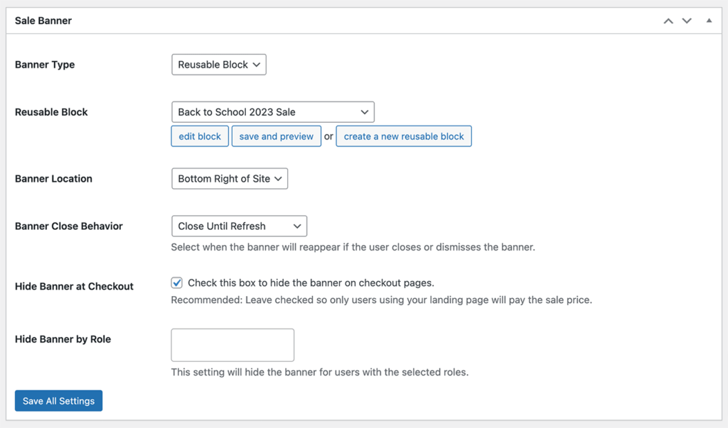 Setting the Sitewide Sale banner type to Reusable Block and setting the banner location