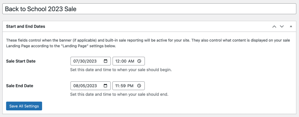 Setting the Sitewide Sale Start and End date and time