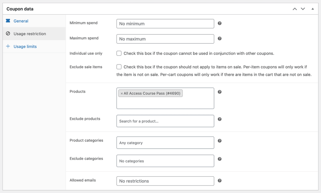 Setting up a WooCommerce coupon code for a restricted single product usage requirement