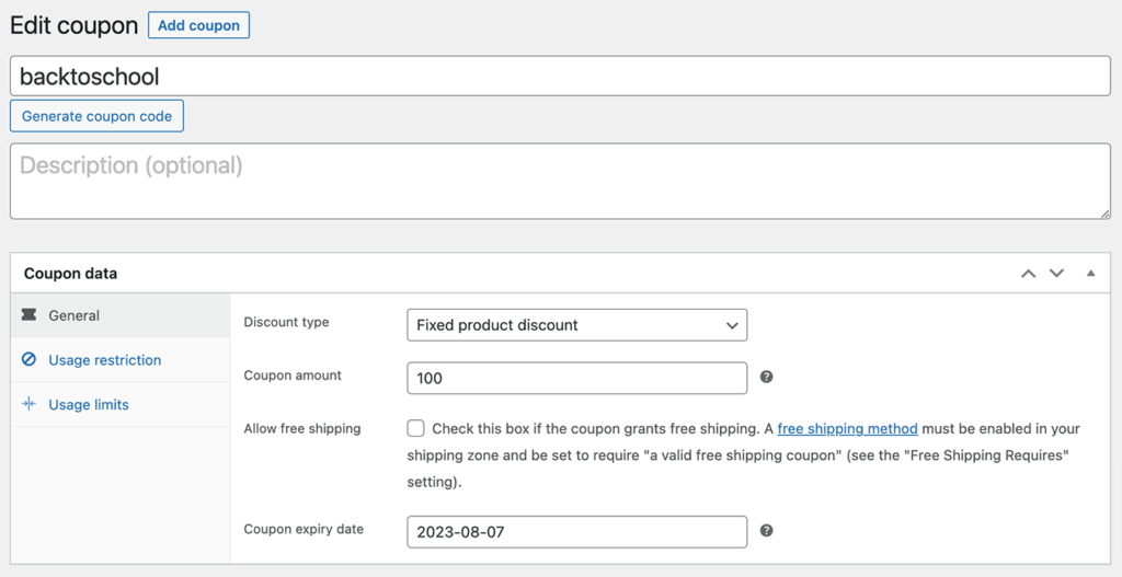 Setting up a WooCommerce coupon code name and expiration date