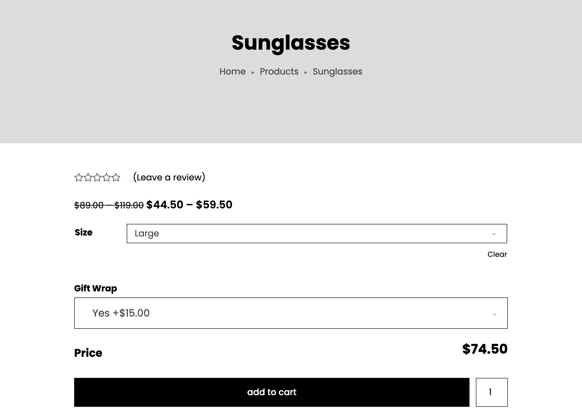 Single Product page with strikethrough pricing and a live update price that reflects the sitewide discount